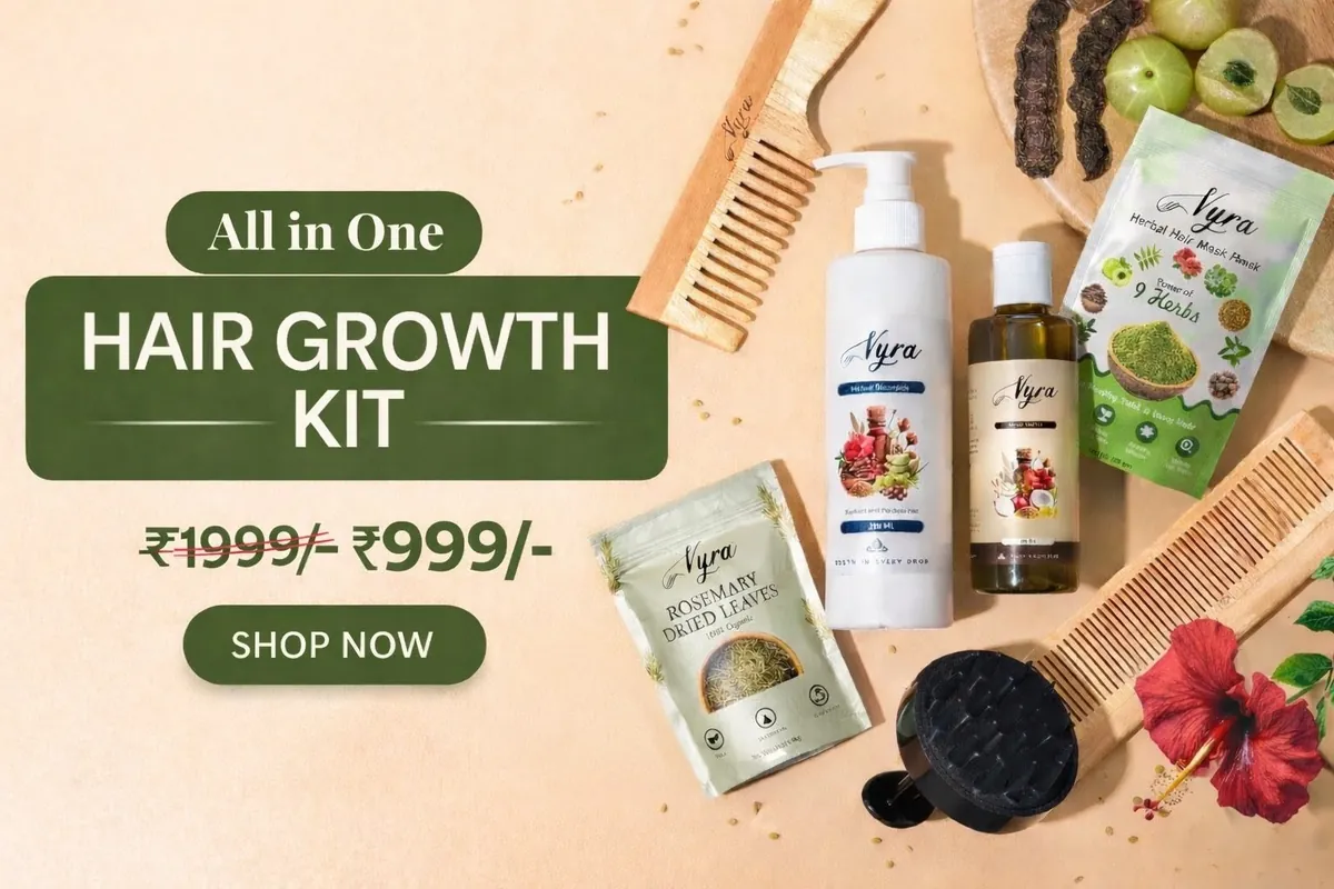Vyra All in One Hair Growth Kit - shampoo, hair oil, rosemary leaves, hair mask, neem combs and scalp massager